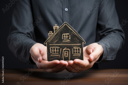 The concept of home and real estate property insurance is illustrated by a hand drawing on a blackboard. The hand symbolizes the insurance provider, offering protection and care for houses to ensure