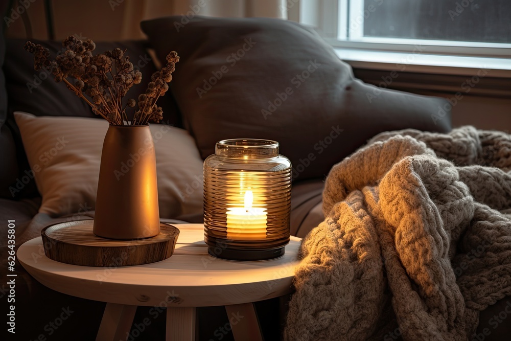 The interior of a winter home is adorned with a warm and inviting atmosphere, featuring a cozy candle enclosed within a brown glass jar. A cup and a blanket complete the d�cor, providing comfort and