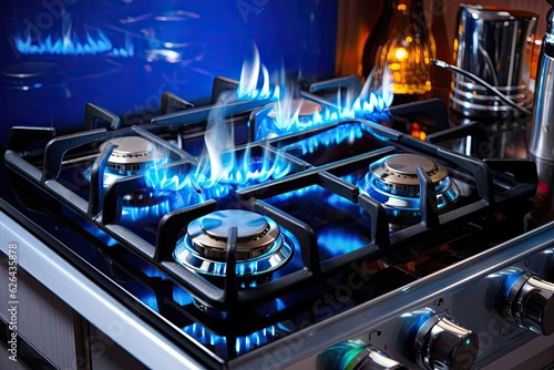 The gas stove in the kitchen uses blue flames to cook food. It is made of a steel panel and runs on natural gas. The electricity bill is calculated by factoring in the usage of the stove.