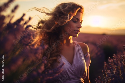 Sunset-lit portrait of a serene woman amid a vast lavender field, embodying tranquil solitude and vibrant beauty. Perfect for wellness, travel, and lifestyle concepts.