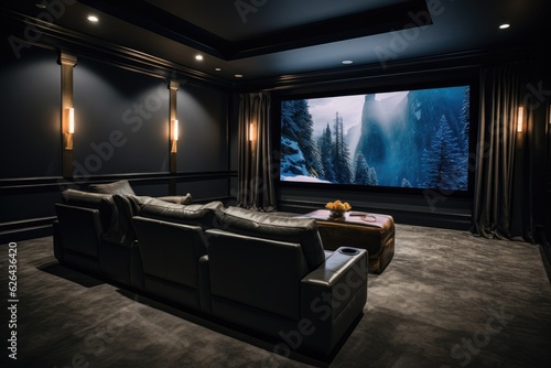 Obraz na płótnie The media theatre room is designed with dark-colored walls and features a grey sofa. It is equipped with a popcorn machine and a movie screen, creating a cozy yet entertaining space within a w salonie