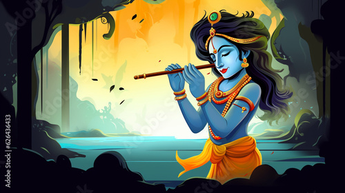 Lord Krishna playing flute on the Happy Janmashtami holiday Indian festival greeting the background photo