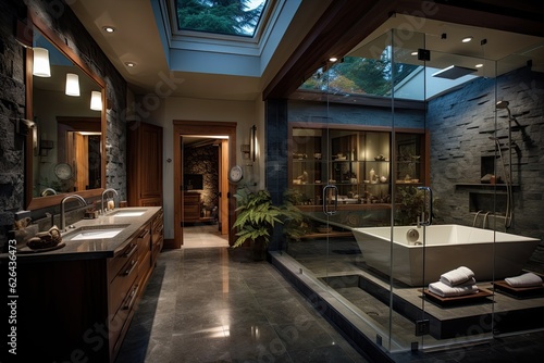 The bathroom in the Northwest, USA is large and has a gray color scheme. It features heated floors, a standalone bathtub, a spacious walk-in shower, a vanity with two sinks, and skylights for natural