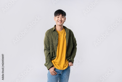 Confident young Asian man happy smile in formal shirt on isolated studio white background. Asian man happy smile in studio shot.