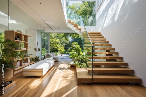 The entrance area and staircase have a spacious mirror affixed to the wall  complemented by stunning hardwood floors and ample natural light pouring in from skylights that overlook a verdant
