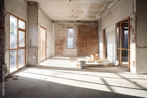 The interior of a partially constructed brick house features a concrete floor and walls that are yet to be plastered  making it a blank canvas for further construction in the real estate development