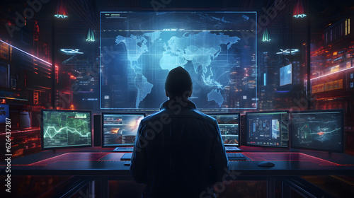 Men in front of AI control center with a world map blue hologram - AI generated