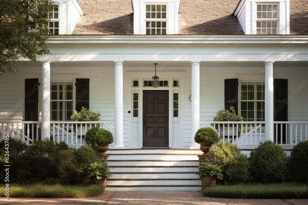 The front door of a southern house with white siding is brown and made of wood.