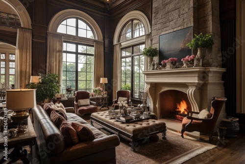 The living room is stylish and opulent, featuring a fireplace and a spacious window. © 2rogan