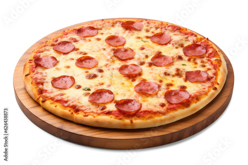 Pepperoni pizza on round wooden board isolated on transparent background