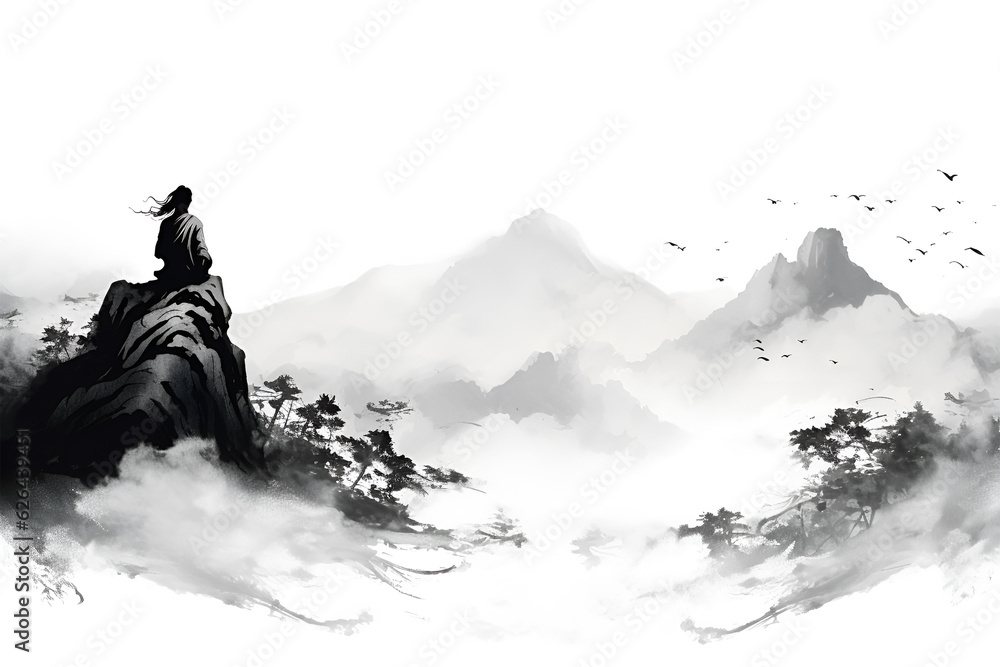 lake illustration in Chinese brush stroke calligraphy in black and grey drawing inking