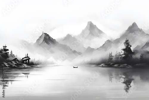 lake illustration in Chinese brush stroke calligraphy in black and grey drawing inking