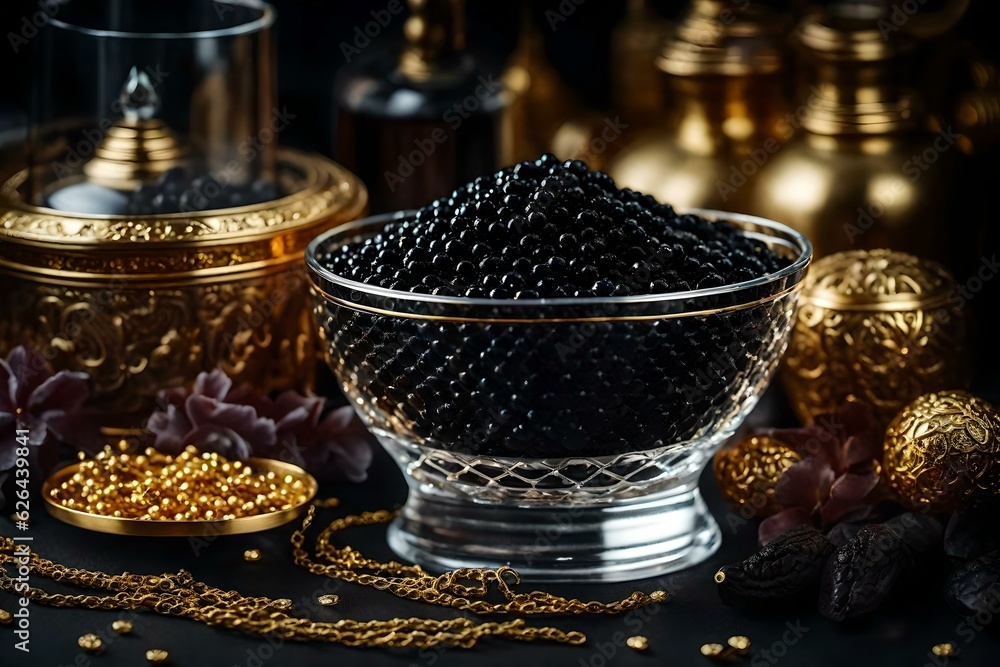 Black Caviar in an expensive crystal bowl with gold accents. Luxurious and expensive