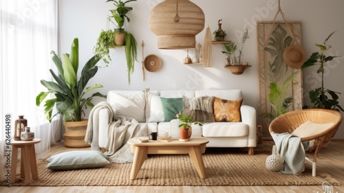 Living room decor, home interior design . Scandinavian Bohemian style with Gallery Wall decorated with Wood and Wicker material . Generative AI AIG26. photo