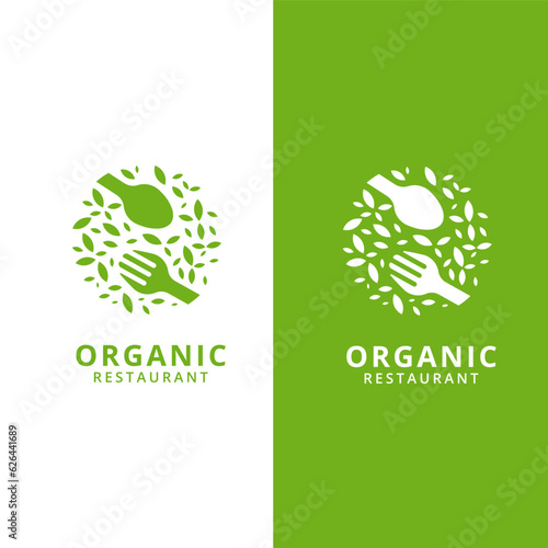 Healthy organic food icon. Vegetarian products market, organic farm or restaurant natural meals menu vector symbol or sign. Diet eco food icon or emblem with green leaves, spoon and fork