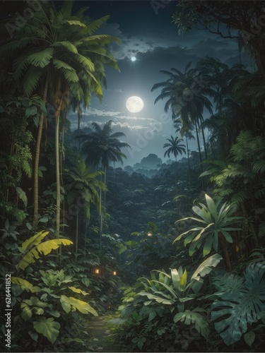 Illustration of a vibrant jungle landscape with a flowing river