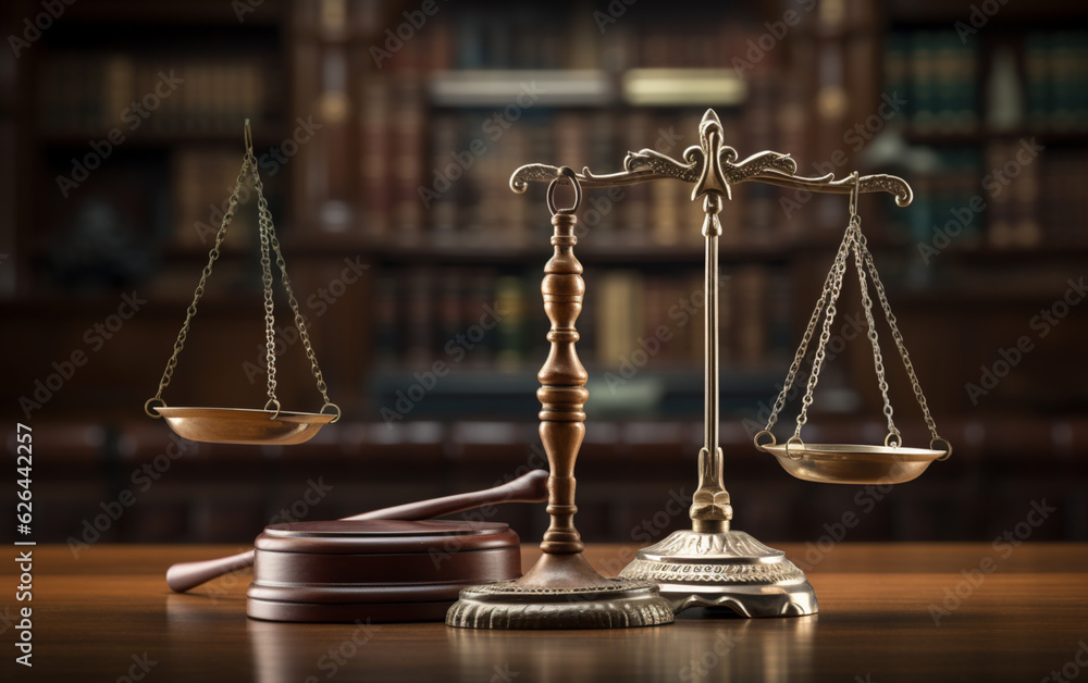 Judiciary hammer with justice scales on a wooden table Judiciary hammer with justice scales on a wooden table