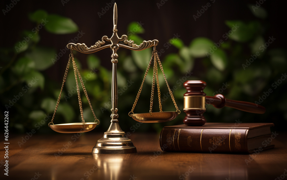 Judiciary hammer with justice scales on a wooden table