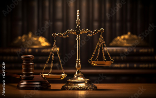 Judiciary hammer with justice scales on a wooden table