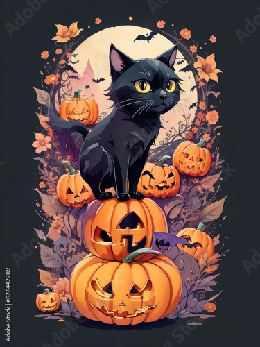 Illustration of a black cat perched on a pile of pumpkins