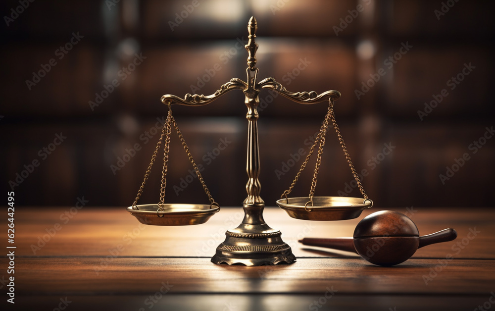 Judiciary hammer with justice scales on a wooden table Judiciary hammer with justice scales on a wooden table