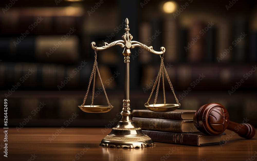 Judiciary hammer with justice scales on a wooden table Judiciary hammer with justice scales on a wooden table