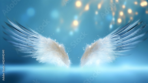 beautiful guardian angel wings in sacred light, background is blue sky. Religion and spiritual concept.