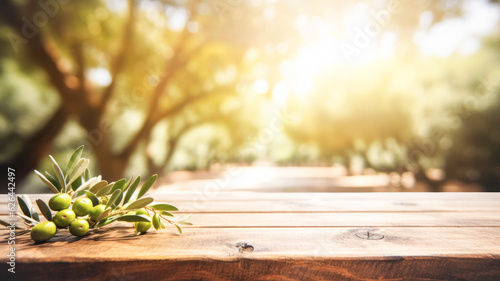 Wooden empty table top, texture board panel against the backdrop of green olive orchard trees, defocused olive trees