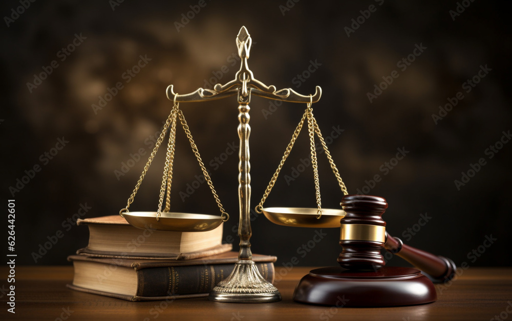 Judiciary hammer with justice scales on a wooden table Judiciary hammer with justice scales on a wooden table