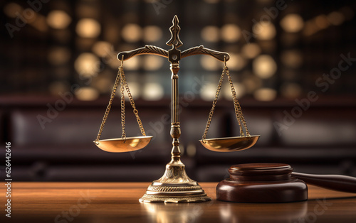 Judiciary hammer with justice scales on a wooden table
