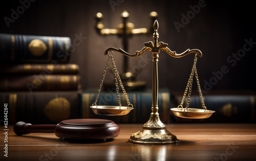 Judiciary hammer with justice scales on a wooden table