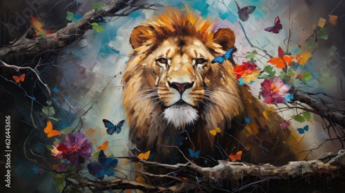 Lion with fantasy wild flowers forest and colorful butterflies background. Generative AI