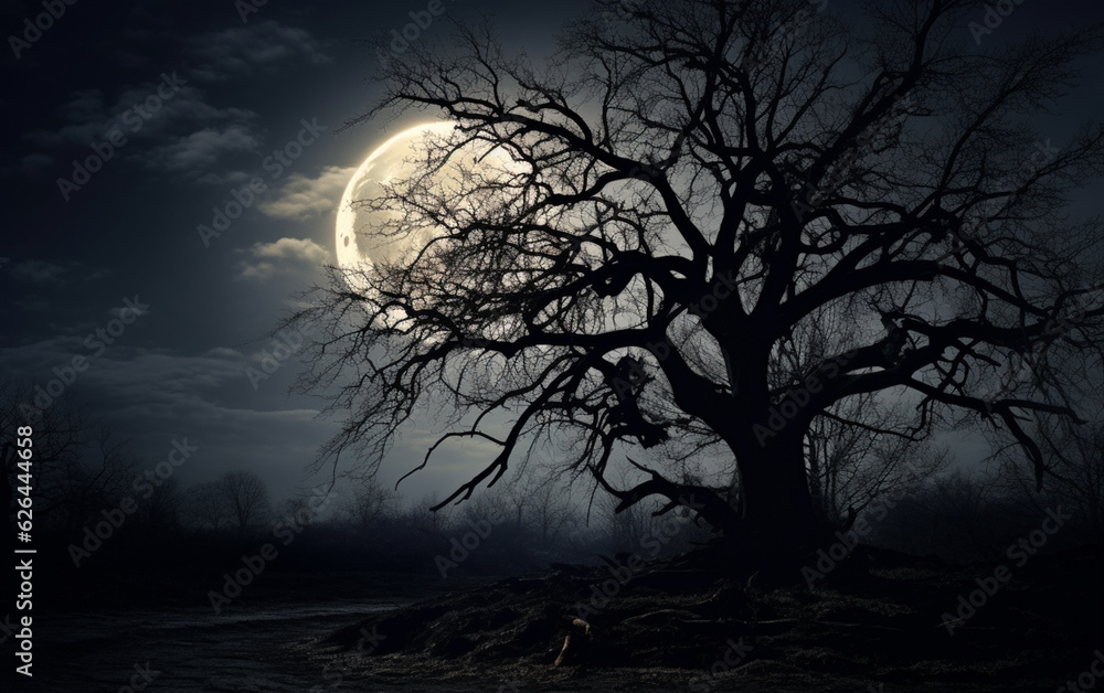 Spooky tree against a big moon Spooky tree against a big moon