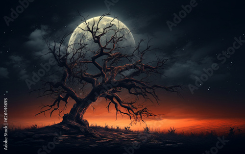 Spooky tree against a big moon