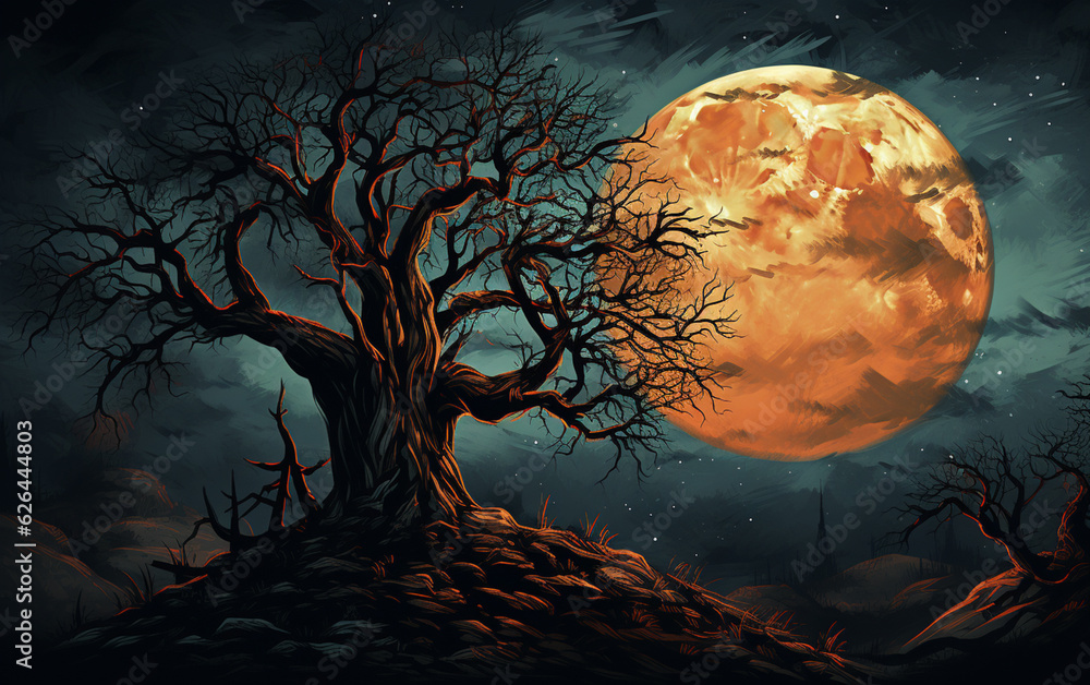 Spooky tree against a big moon Spooky tree against a big moon