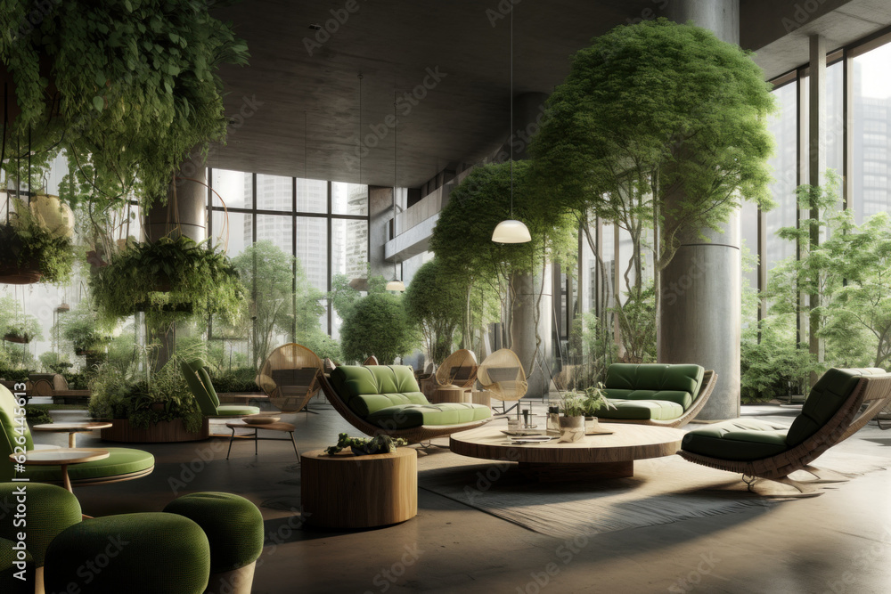 Fototapeta premium Urban green sanctuary where houseplants create a soothing contrast with the surrounding buildings. A biophilic interior promoting wellness and relaxation. Generative AI