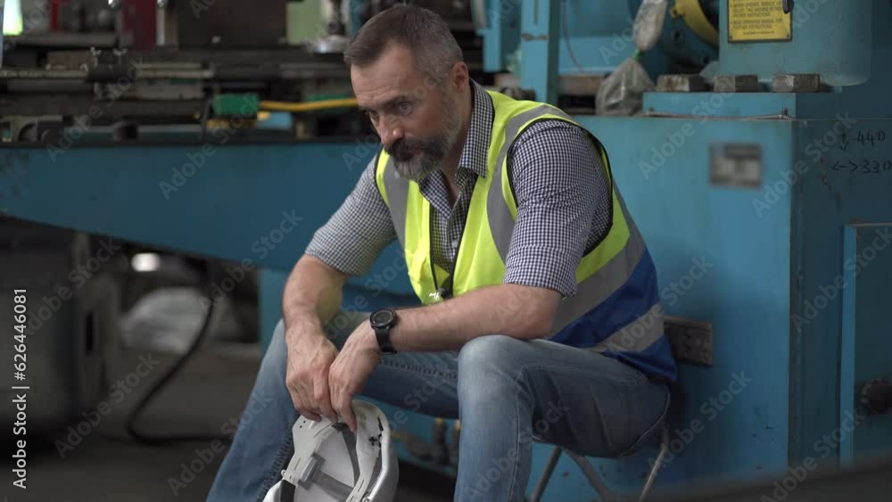 tired senior engineer worker feeling ill take a break sitting on machine in factory in . beard old male labor exhausted for hard work. depression employee burn out.