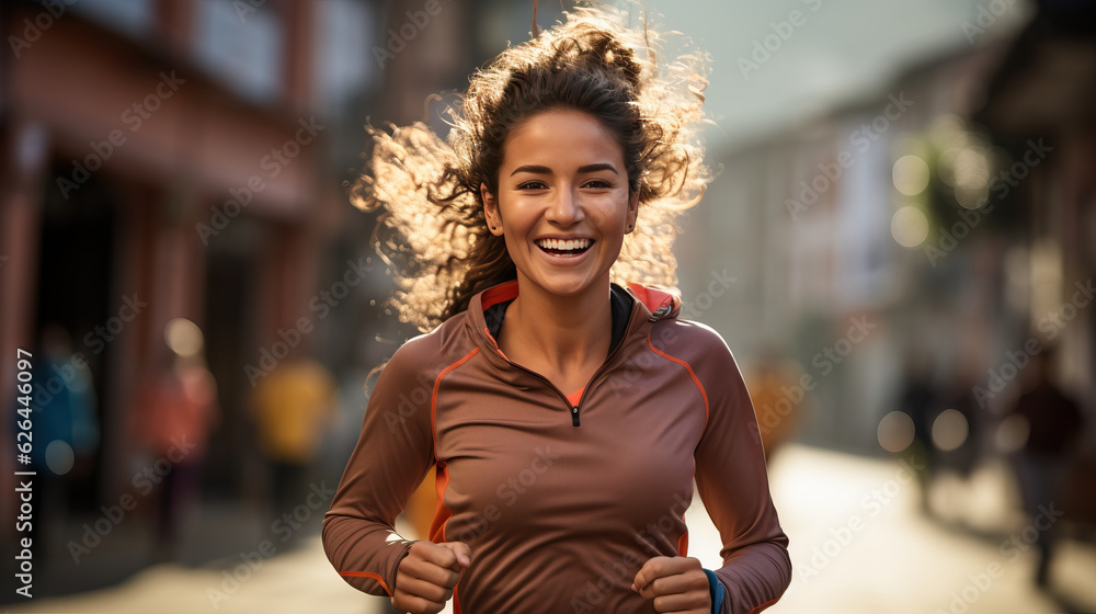 healthy woman with beautiful smile. trail running, marathon, triathlon running, outdoor nature. generative ai healthy woman with beautiful smile. trail running, marathon, triathlon running, outdoor nature. generative ai