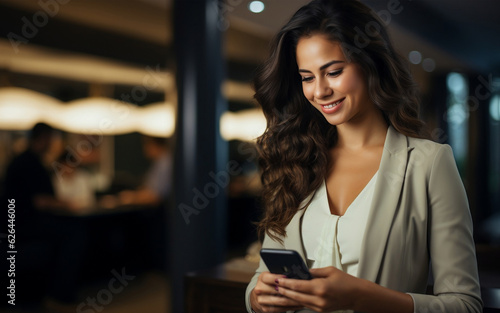 Happy smiling female worker using her phone in office. AI Generated Image