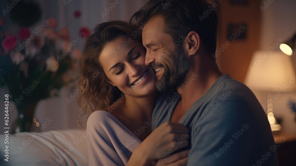 Happy adult couple hug with love and tenderness in indoor bedroom leisure activity. Couple enjoy travel in hotel room. Man and woman smiling and enjoying time together at home. Good relationship time