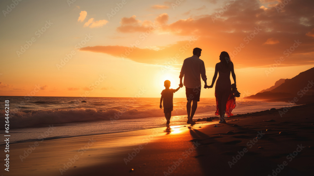 Happy family holidays. Joyful father, mother, baby son walk with fun along edge of sunset sea surf on black sand beach. Active parents and people outdoor activity on summer vacations with children. Happy family holidays. Joyful father, mother, baby son walk with fun along edge of sunset sea surf on black sand beach. Active parents and people outdoor activity on summer vacations with children.