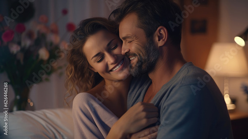 Happy adult couple hug with love and tenderness in indoor bedroom leisure activity. Couple enjoy travel in hotel room. Man and woman smiling and enjoying time together at home. Good relationship time © Sasint