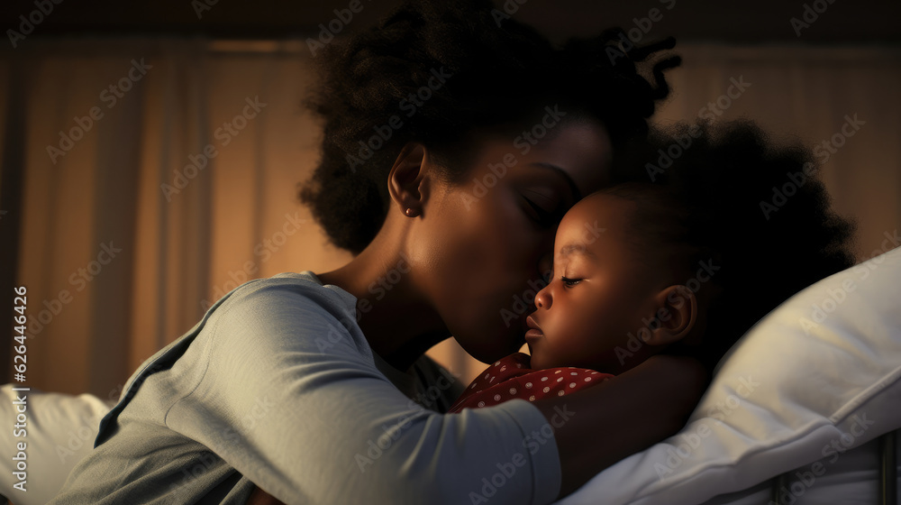 Black mom playing in bed with her infant, kissing baby