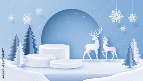 Winter Scene Product Display with Deer and Snowflakes