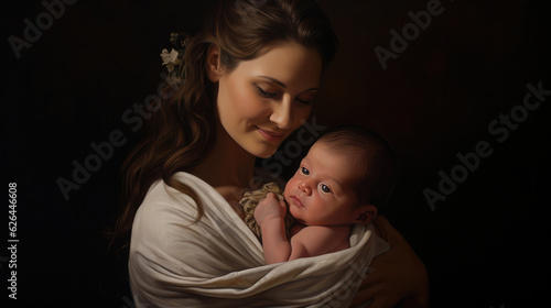 Pretty woman holding a newborn baby in her arms