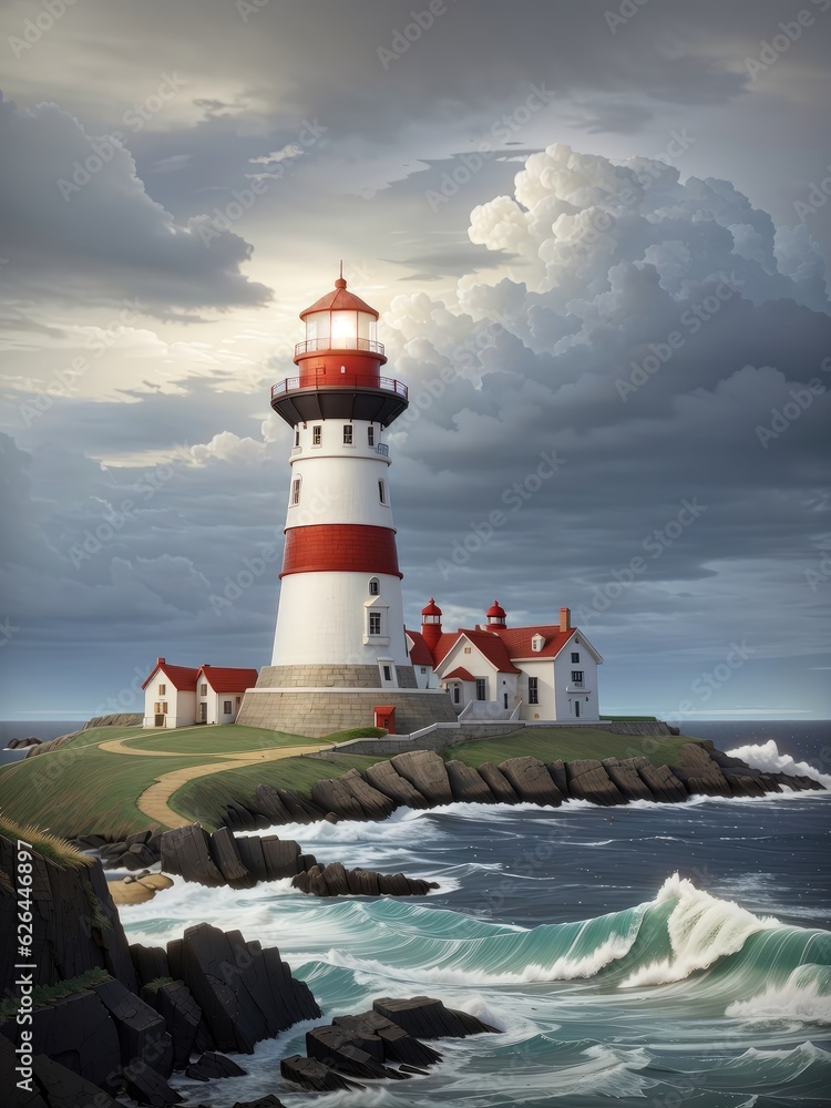 Illustration of a picturesque lighthouse standing tall against a rugged coastal backdrop