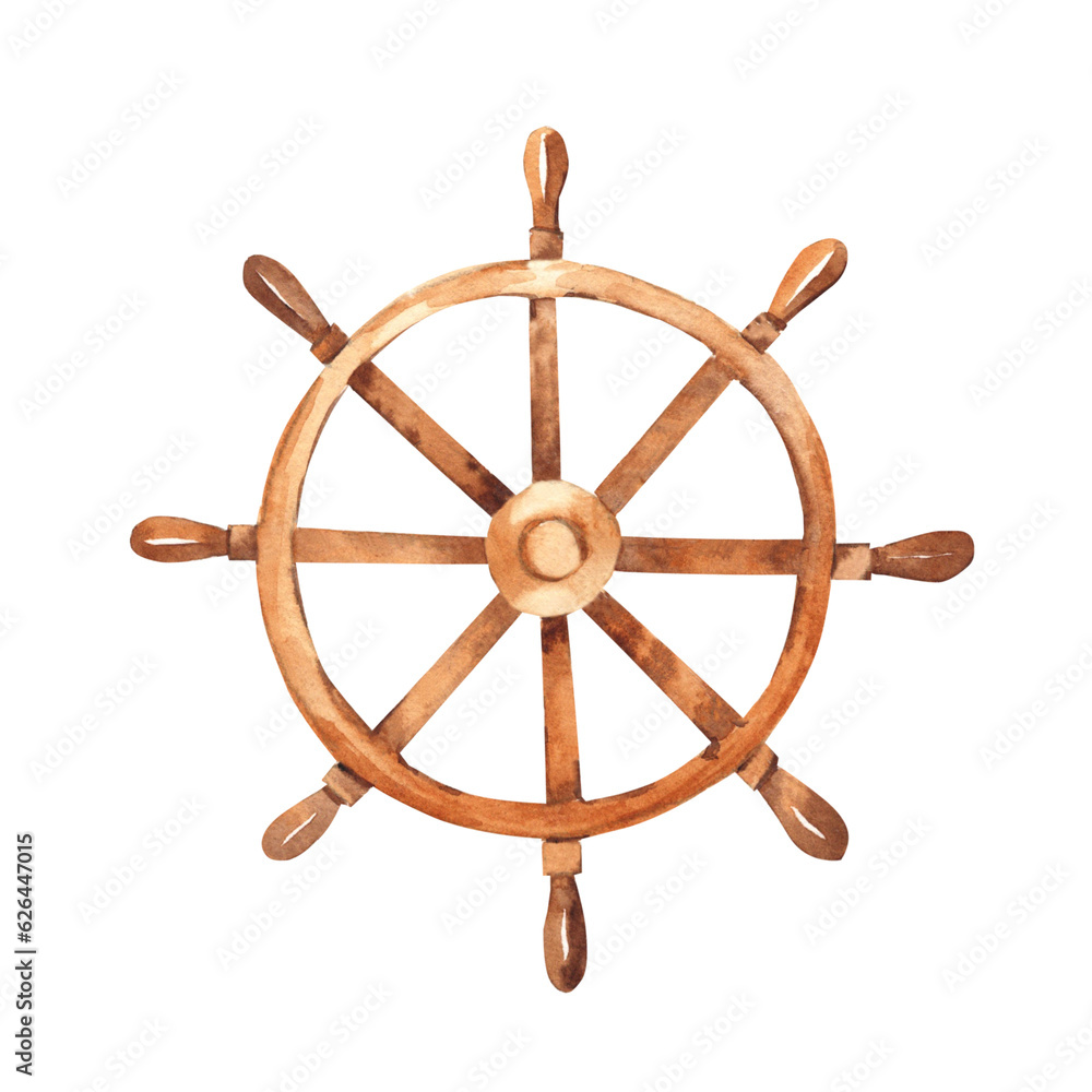 Vintage watercolor wooden steering wheel for ships and boats. Hand painted illustration isolated on white background