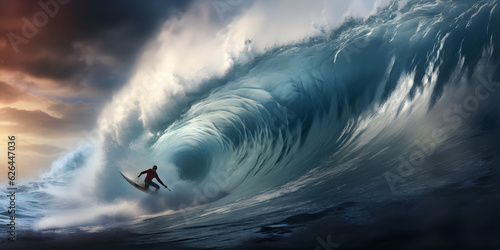 Surfer rides giant wave breaking at the famous surf spot located on in Hawaii