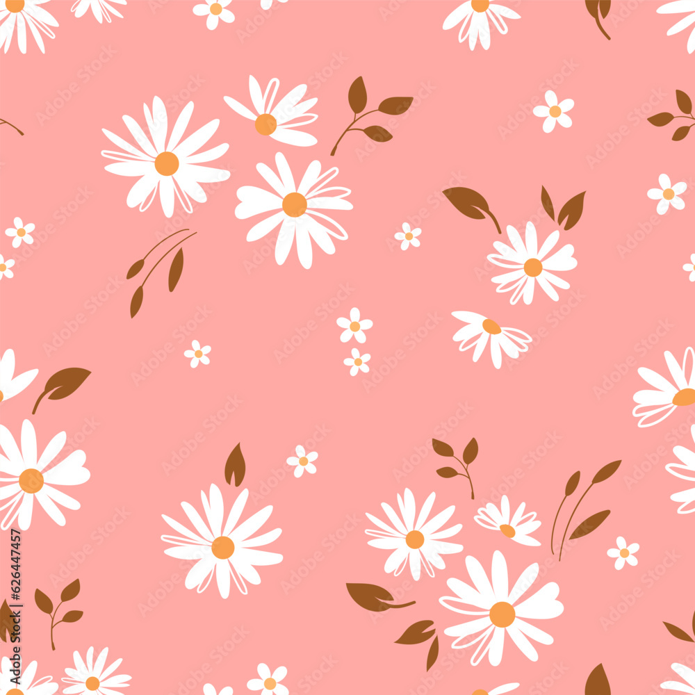 seamless floral pattern. Idea for fabric, tablecloth pattern, wrapping paper, gift paper. Print Ditsy. Motives are scattered randomly. Daisy flower pink pattern background. cute pattern