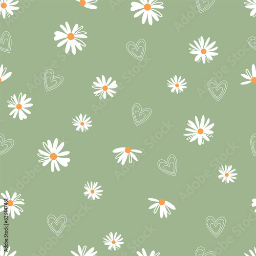 seamless floral pattern. Idea for fabric, tablecloth pattern, wrapping paper, gift paper. Print Ditsy. Motives are scattered randomly. Daisy flower green pattern background. cute pattern
